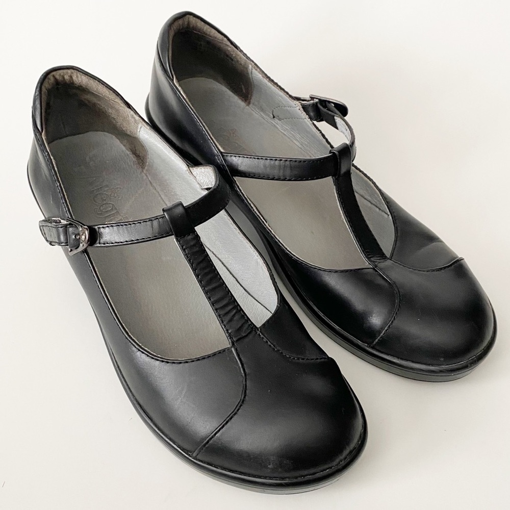 Alegria Coco Black Nappa Leather Heeled T-Strap Mary Jane Shoes